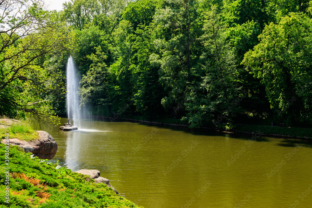View of a lake with Snake Fountain in Sofiyivka park in Uman, Ukraine