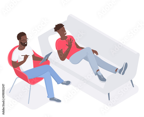 Flat design isometric vector concept for psychotherapy session. Afroamerican patient with psychologist, psychotherapist office. Psychiatrist session in mental health clinic.