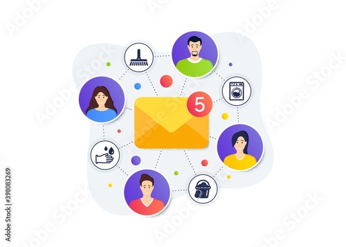 Washing machine, Cleaning mop and Rubber gloves icons simple set. Teamwork messages banner. Employee remote work. Sponge sign. Laundry, Sweep a floor, Hygiene equipment. Cleaner bucket. Vector