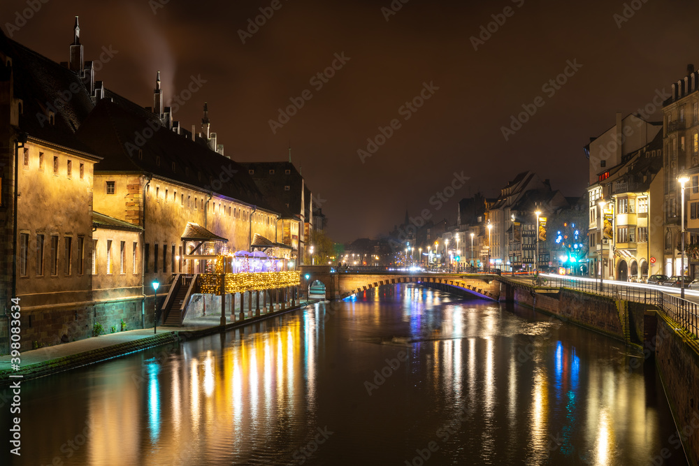 Evening street in Strassbourg, France, Christmas decoration and lights