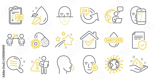 Set of Medical icons, such as Coronavirus pills, Face biometrics, Hand sanitizer symbols. Eye checklist, Insurance policy, Social distancing signs. Problem skin, Cough, Coronavirus. Vector