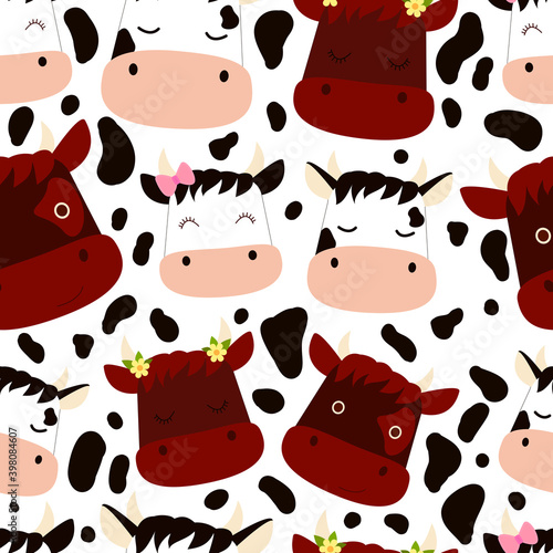 Funny Cute  Cows with flowers, bows and Calves, flat style, seamless pattern.