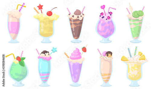 Exotic milkshakes in glasses with straws flat item set. Different cartoon sweet delicious drinks with fruits, berries, syrup isolated vector illustration collection. Beverages and dessert concept
