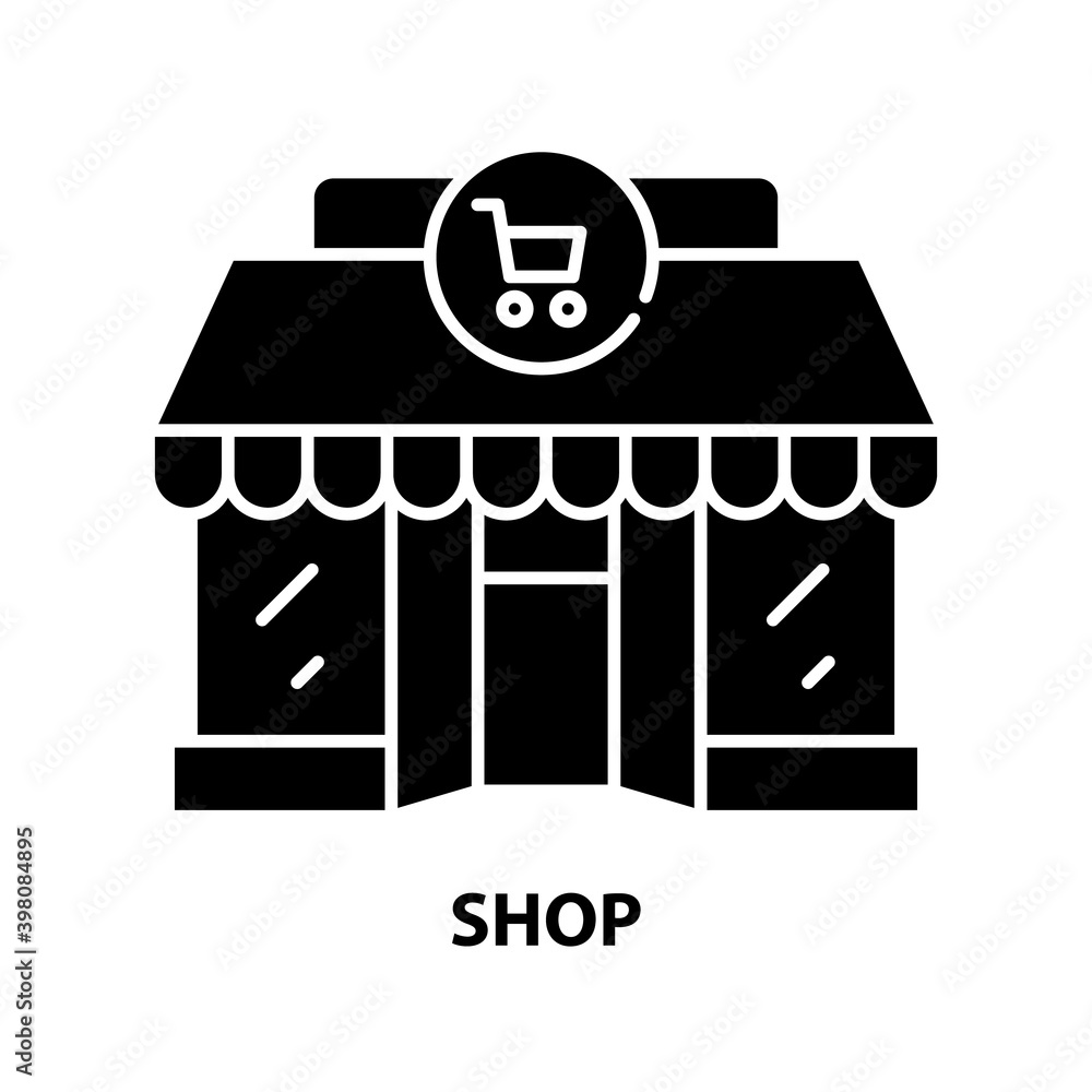 shop icon, black vector sign with editable strokes, concept illustration shop icon, black vector sign with editable strokes, concept illustration