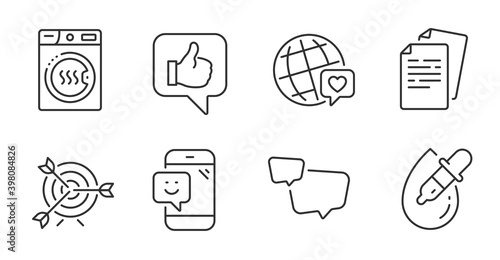 World brand, Eye drops and Documents line icons set. Smile, Target and Dryer machine signs. Like, Speech bubble symbols. Love, Pipette, Office file. Business set. Quality line icons. Vector