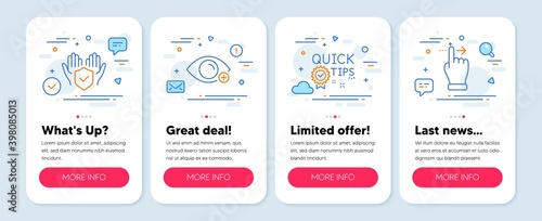 Set of Business icons, such as Insurance hand, Farsightedness, Quick tips symbols. Mobile screen mockup banners. Touchscreen gesture line icons. Full coverage, Eye vision, Helpful tricks. Vector