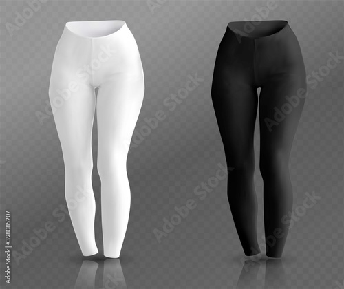 Women’s leggings mockup in front view, black and white isolated on a gray background. 3D realistic vector illustration