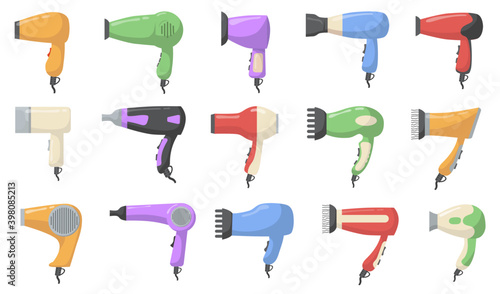 Various hair dryers set. Modern compact hairdryers, blowers, blowdryers. Vector illustrations for barber appliance, hairdressing, self care concept