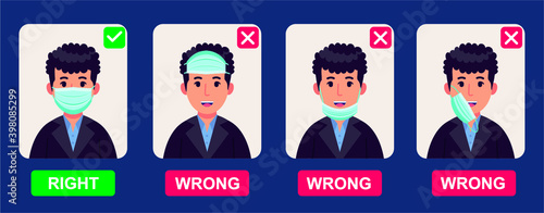 How to wear medical face mask properly. Instruction for personal hygiene during coronavirus. boy characters wearing right and wrong way of surgical mask or face covering.