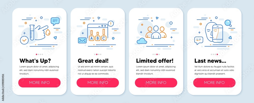 Set of Business icons, such as Blood donation, Group, Survey results symbols. Mobile app mockup banners. Face biometrics line icons. Medicine analyze, Group of users, Best answer. Vector
