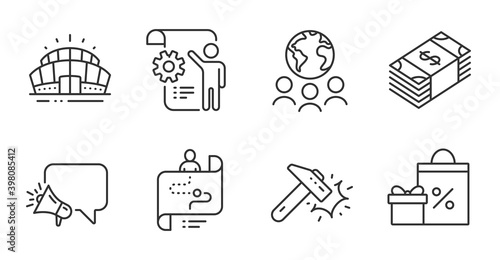 Settings blueprint, Journey path and Megaphone line icons set. Usd currency, Hammer blow and Arena stadium signs. Shopping, Global business symbols. Quality line icons. Vector