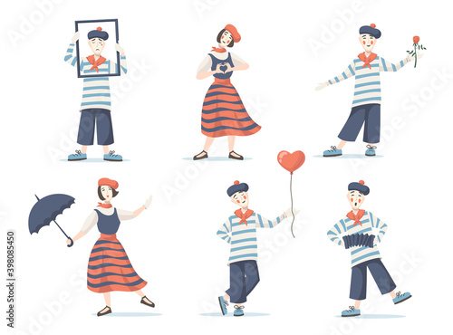 Mimes cartoon characters set. Silent actor and actress performing with frame, umbrella, flower, balloon, male and female circus clowns. Vector illustrations for theatre, comedy, performance concept