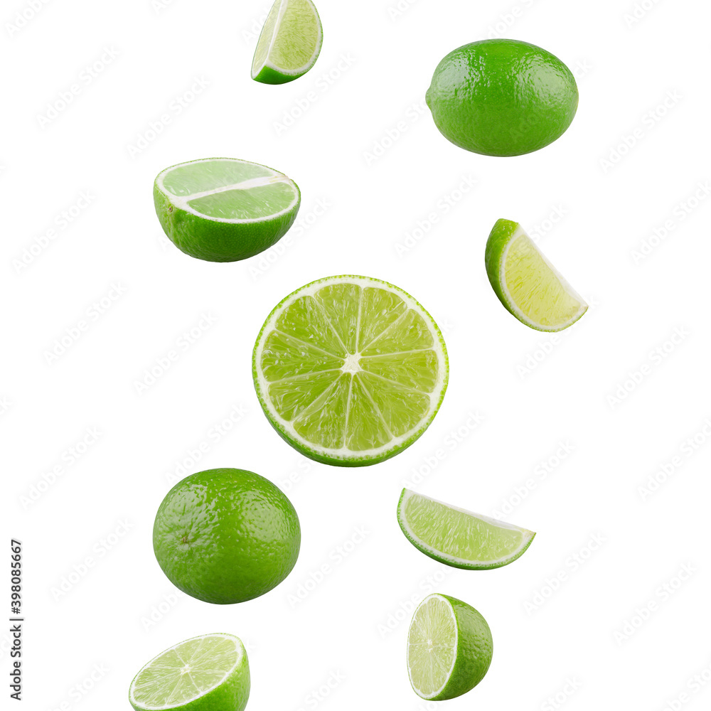 Set of falling limes isolated on white background