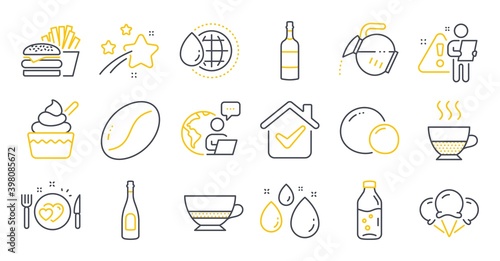 Set of Food and drink icons, such as Bombon coffee, Ice cream, Brandy bottle symbols. Water bottle, Water drop, Coffee beans signs. Ice creams, Peas, Burger. Champagne, Romantic dinner. Vector
