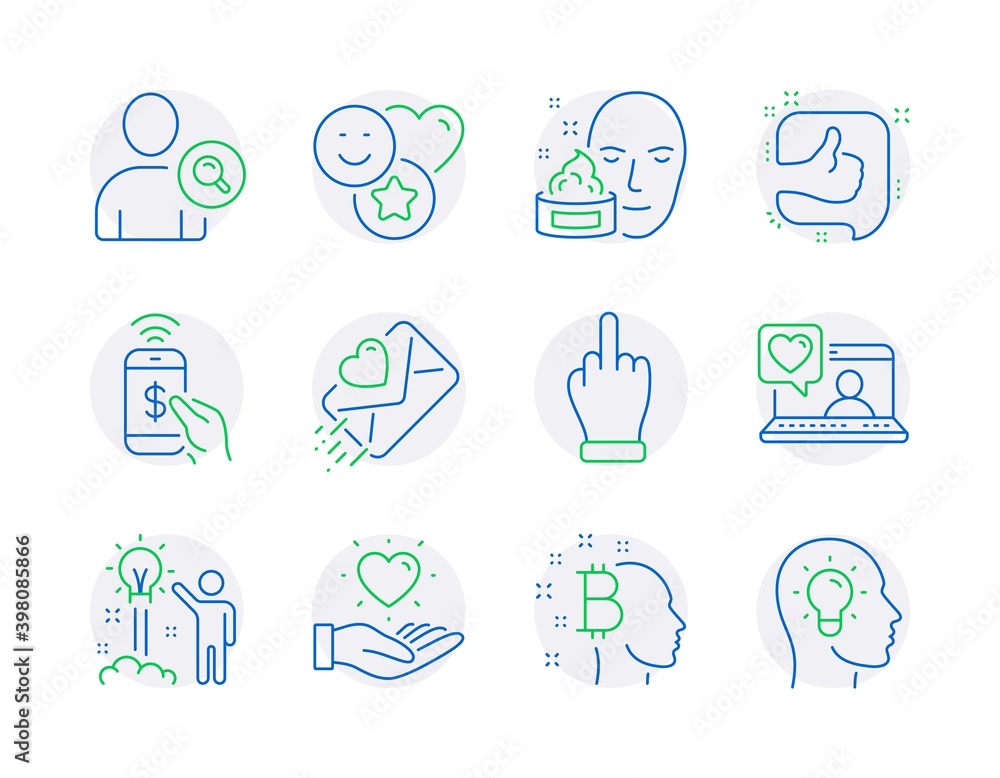 People icons set. Included icon as Creative idea, Friends chat, Love letter signs. Like, Middle finger, Find user symbols. Hold heart, Smile, Phone payment. Bitcoin think, Face cream. Vector People icons set. Included icon as Creative idea, Friends chat, Love letter signs. Like, Middle finger, Find user symbols. Hold heart, Smile, Phone payment. Bitcoin think, Face cream. Vector