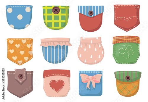 Variety of colorful patch pockets flat item set. Cartoon pockets with seams, buttons and flaps for shirt of different colors isolated vector illustration collection. Clothes and textile concept