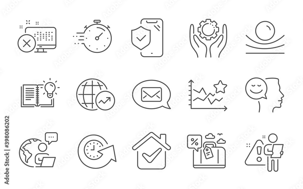 World statistics, Update time and Phone insurance line icons set. Reject access, Employee hand and Messenger signs. Ranking stars, Good mood and Elastic material symbols. Line icons set. Vector World statistics, Update time and Phone insurance line icons set. Reject access, Employee hand and Messenger signs. Ranking stars, Good mood and Elastic material symbols. Line icons set. Vector