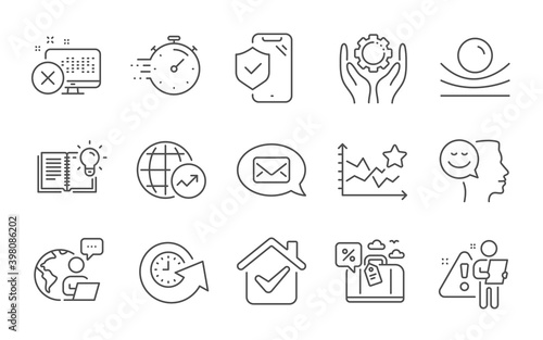 World statistics, Update time and Phone insurance line icons set. Reject access, Employee hand and Messenger signs. Ranking stars, Good mood and Elastic material symbols. Line icons set. Vector