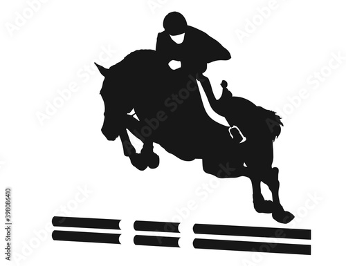 Equestrian show jumping, vector silhouette of a rider and horse at the moment of jumping over an obstacle