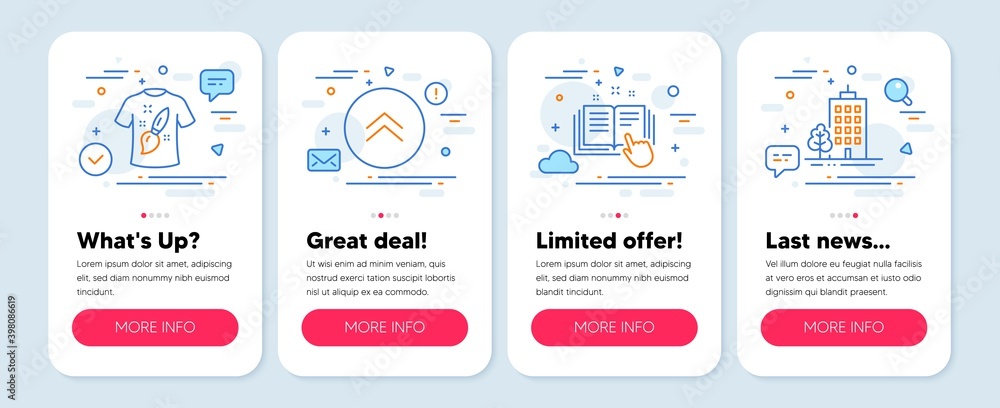Set of Business icons, such as Technical documentation, T-shirt design, Swipe up symbols. Mobile app mockup banners. Skyscraper buildings line icons. Manual, Painting, Scroll screen. Vector