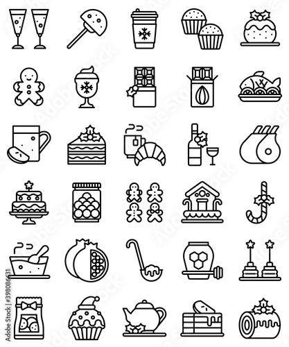 Christmas food and drinks line icon set