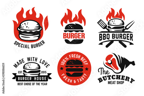 burger emblem on fire set for menu