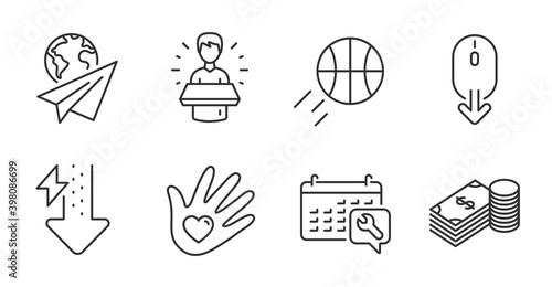 Basketball, Scroll down and Social responsibility line icons set. Brand ambassador, Spanner and Paper plane signs. Energy drops, Savings symbols. Sport ball, Mouse swipe, Helping hand. Vector