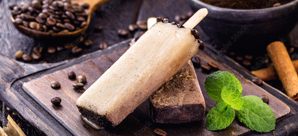 coffee popsicle, home made sweet ice cream, Cappuccino Popsicle. Rare, gourmet ice cream coffee popsicle, home made sweet ice cream, Cappuccino Popsicle. Rare, gourmet ice cream