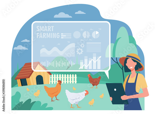 Happy female farmer working with smart farm flat vector illustration. Cartoon woman farming and analyzing data on feeding poultry. Automation and implementation technology concept