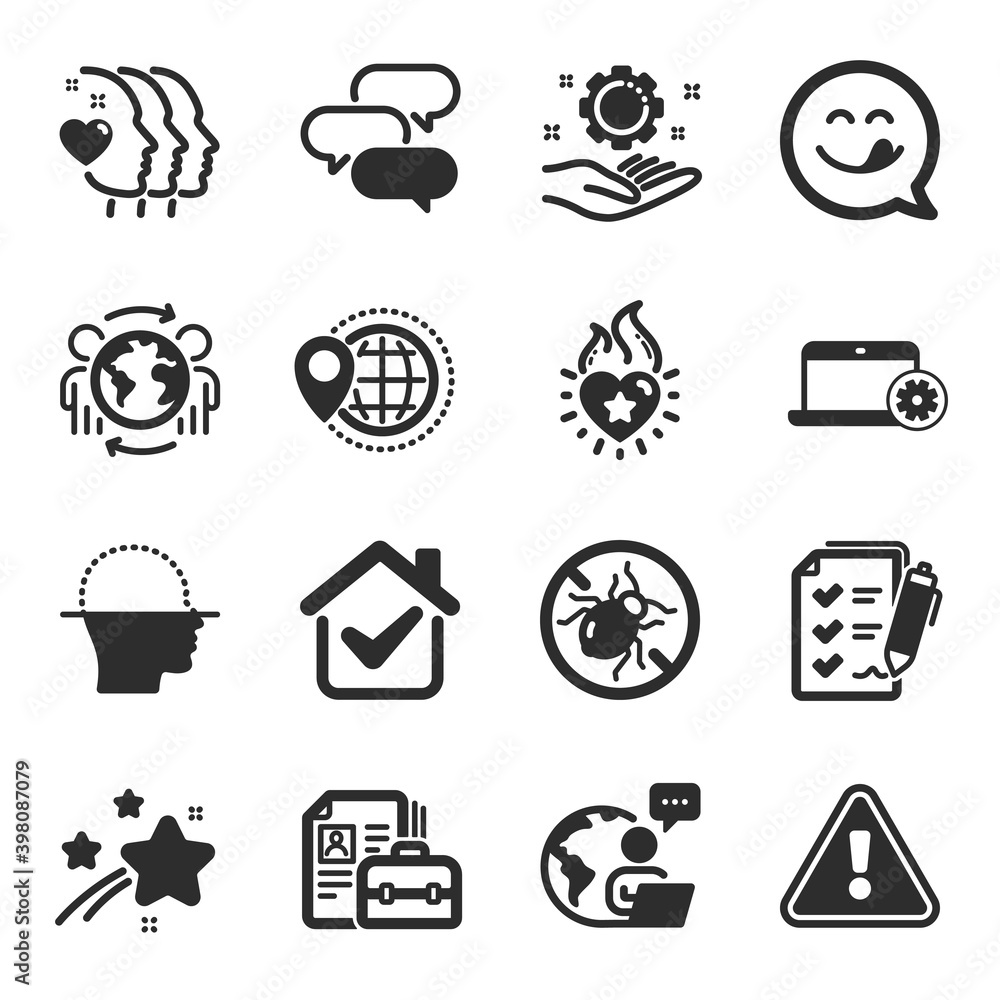 Set of Business icons, such as Friends couple, Employee hand, Face scanning symbols. Survey checklist, Yummy smile, Vacancy signs. World travel, Notebook service, Bed bugs. Talk bubble. Vector Set of Business icons, such as Friends couple, Employee hand, Face scanning symbols. Survey checklist, Yummy smile, Vacancy signs. World travel, Notebook service, Bed bugs. Talk bubble. Vector
