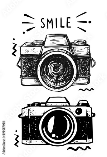 digital photo camera drawn in sketch on white background