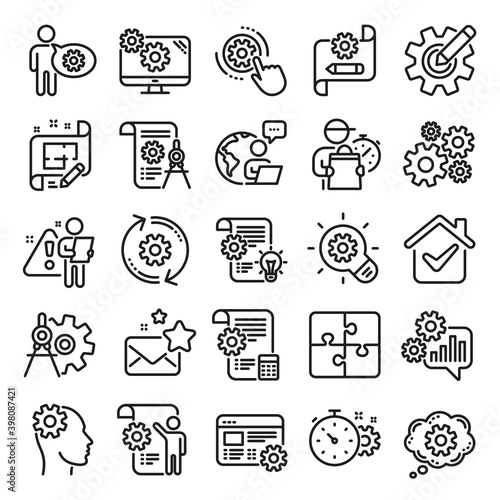 Engineering line icons. Set of Idea bulb, Dividers tools and Blueprint linear icons. Cogwheel, calculate price, mechanical tools. Idea bulb with cog, architect dividers, engineering people. Vector