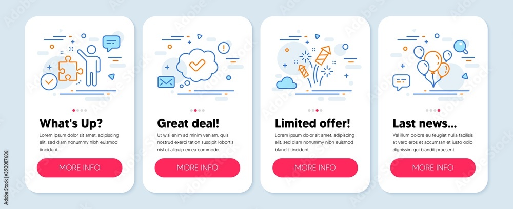 Set of Business icons, such as Fireworks rocket, Approved, Strategy symbols. Mobile app mockup banners. Balloons line icons. Pyrotechnic salute, Comic message, Business plan. Air balloons. Vector