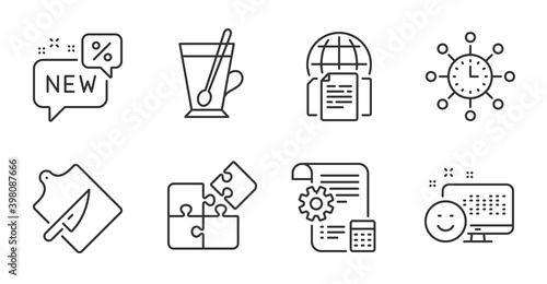 New, Cutting board and Tea mug line icons set. World time, Puzzle and Settings blueprint signs. Smile, Internet documents symbols. Discount, Knife, Cup with teaspoon. Business set. Vector