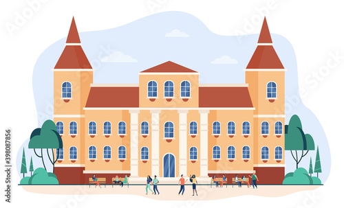 Young people walking in front of college or university flat vector illustration. Cartoon students relaxing and going near campus. Building exterior and landscape concept