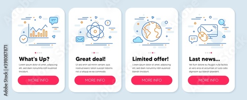 Set of Science icons, such as Atom, World planet, Infochart symbols. Mobile screen banners. Computer mouse line icons. Electron, Internet business, Stock exchange. Pc component. Atom icons. Vector