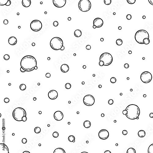 Soap bubbles. Seamless pattern. Cleaning concept. Water background. Hand drawn texture. Design wallpapers for prints bodycare, shampoo, toiletries, cleanliness, freshness, hygiene, bathroom. Vector