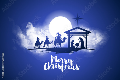 vector illustration Birth of Christ, baby Jesus reaching the Magi bear gifts, three wise kings and star of bethlehem, nativity christmas graphics design elements photo