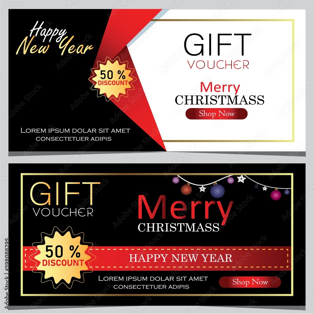 Christmas Gift Voucher white background Christmas lights and black and red color with 50% discount on golden color ,