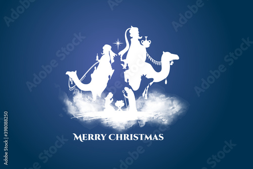 vector illustration Birth of Christ, baby Jesus reaching the Magi bear gifts, three wise kings and star of bethlehem, nativity christmas graphics design elements