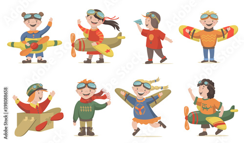 Children playing air crew set. Cheerful boys and girls wearing pilots costume and handmade toy planes. Vector illustrations for childhood, game, aviation, imagination concept