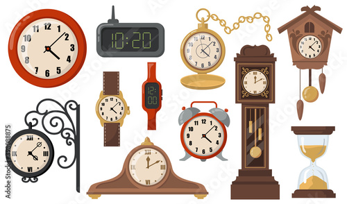 Modern or retro mechanical and electronic clocks flat item set. Cartoon clocks, timers, watches and hourglasses isolated vector illustration collection. Time and measurement devices concept