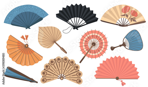 Hand fans set. Chinese and Japanese paper fans, vintage Asian accessories. Vector illustrations for fashion, original decoration, oriental culture concept