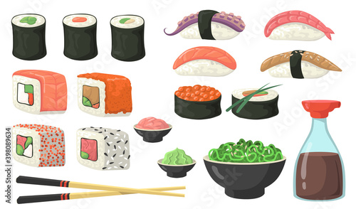 Different sushi, rolls and nigiri flat set for web design. Cartoon susi with shrimp, salmon and eel isolated vector illustration collection. Japanese food, cooking and cuisine concept