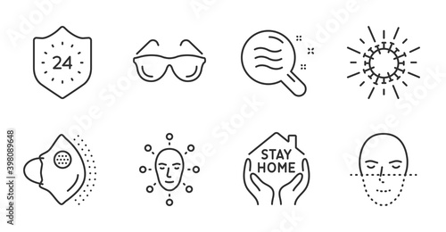 Stay home, Skin condition and Medical mask line icons set. 24 hours, Face biometrics and Coronavirus signs. Face recognition, Eyeglasses symbols. Quality line icons. Stay home badge. Vector
