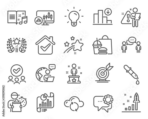 Education icons set. Included icon as Cloud sync, Chemistry pipette, Target goal signs. Success, Employees messenger, Decreasing graph symbols. Candlestick chart, Ranking, Approved group. Vector
