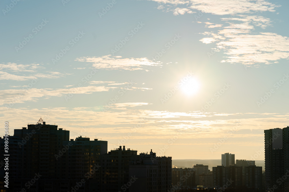 orange yellow sunrise sun rays sun over the city, new day, Wallpaper, blue sky, cloud