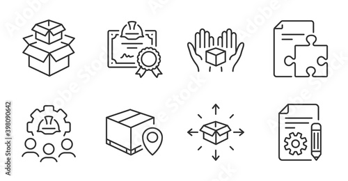 Documentation, Parcel delivery and Packing boxes line icons set. Certificate, Engineering team and Parcel tracking signs. Strategy, Hold box symbols. Project, Logistics service, Delivery box. Vector