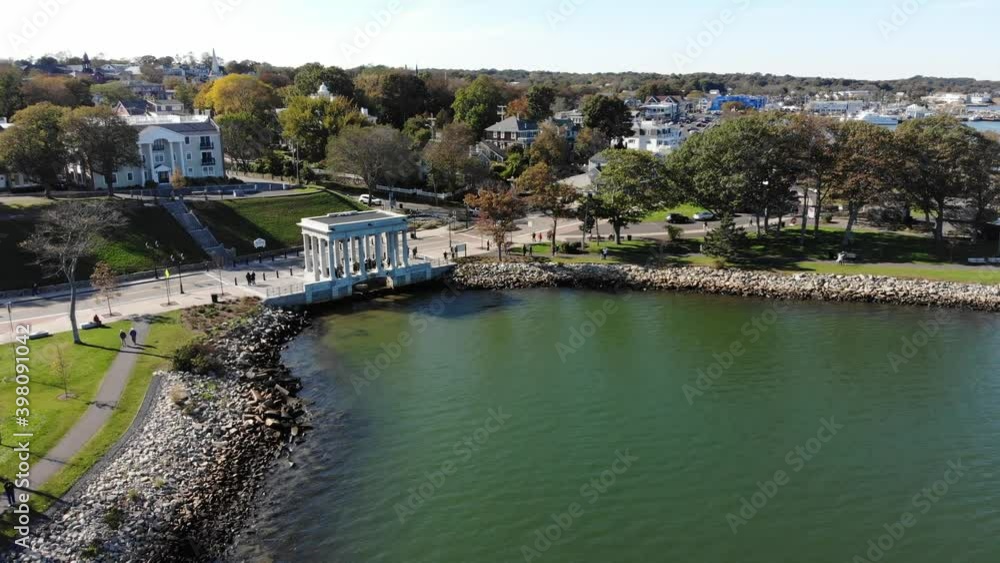 Aerial view of downtown Plymouth and Plymouth Rock via Drone on a bright summer day. Aerial view of downtown Plymouth and Plymouth Rock via Drone on a bright summer day.