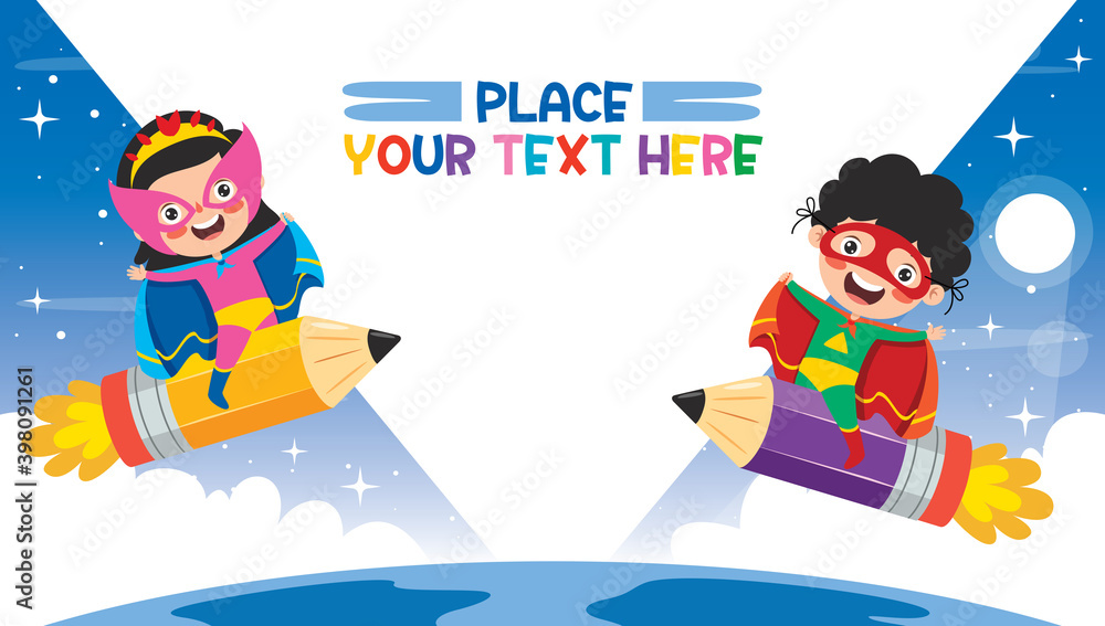 Funny Kid Flying On Colorful Pencil Funny Kid Flying On Colorful Pencil